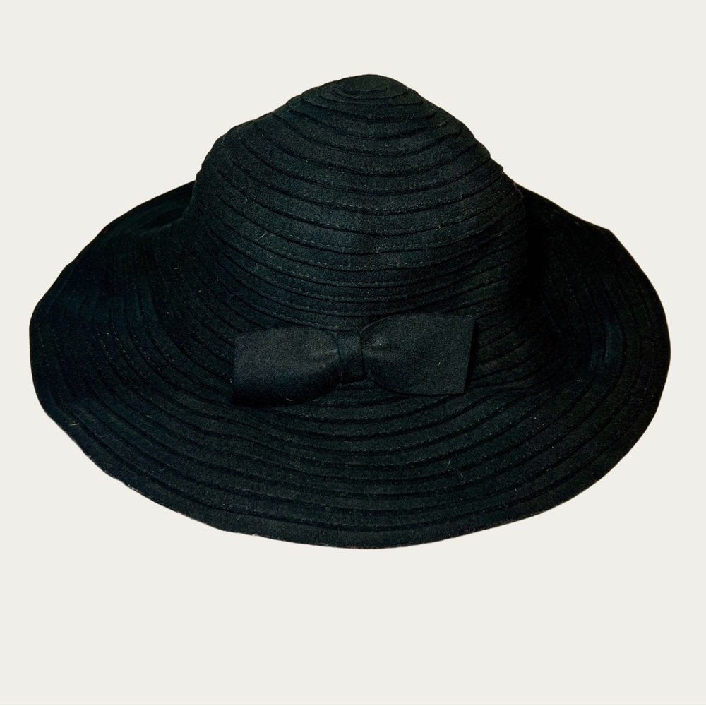 Tarnish Black Women's Floppy Italian‎ Wool Hat with Bow Accent Boho